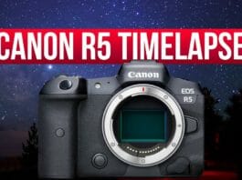 Cover for the article Canon R5 timelapse modes explained featuring the front of the camera